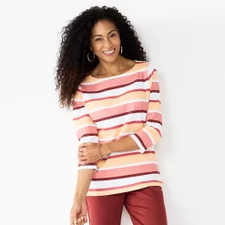 Petite Croft & Barrow® Boatneck Tee -Outlet Croft & Barrow Store 5233590 Pink Van Stripe