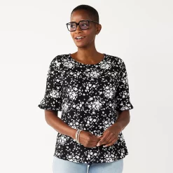 Women's Croft & Barrow® Print Ruffle Sleeve Tee -Outlet Croft & Barrow Store 5287731 Black Exploded Floral