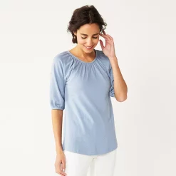 Women's Croft & Barrow® Gathered Raglan Elbow Sleeve Top -Outlet Croft & Barrow Store 5303273 Denim Blue