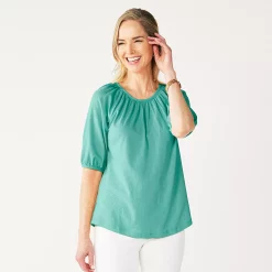 Women's Croft & Barrow® Gathered Raglan Elbow Sleeve Top -Outlet Croft & Barrow Store 5303273 Jade