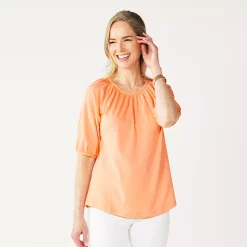 Women's Croft & Barrow® Gathered Raglan Elbow Sleeve Top -Outlet Croft & Barrow Store 5303273 Peach