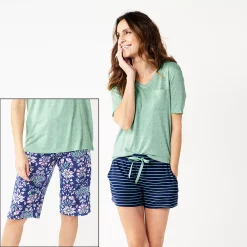 Women's Croft & Barrow® 3-Piece Pajama Top, Pajama Shorts & Pajama Skimmers Sleep Set -Outlet Croft & Barrow Store 5317543 Navy Green Floral