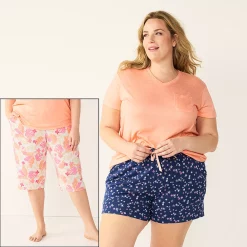 Plus Size Croft & Barrow® 3-Piece Pajama Top, Pajama Shorts & Pajama Skimmers Sleep Set -Outlet Croft & Barrow Store 5317544 White Tropical