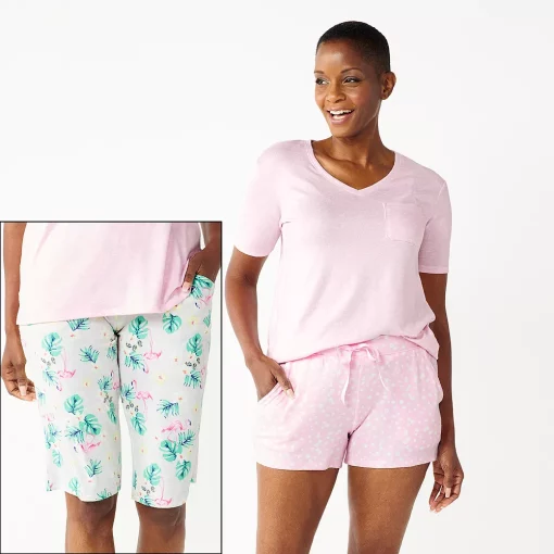 Petite Croft & Barrow® 3-Piece Pajama Top, Pajama Shorts & Pajama Skimmers Sleep Set -Outlet Croft & Barrow Store 5317545 Gray Flamingo