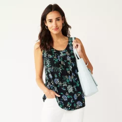 Petite Croft & Barrow® Pleated Tank -Outlet Croft & Barrow Store 5359245 Black Blue Floral