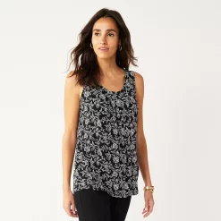 Petite Croft & Barrow® Pleated Tank -Outlet Croft & Barrow Store 5359245 Black Foliage Floral