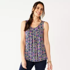 Petite Croft & Barrow® Pleated Tank -Outlet Croft & Barrow Store 5359245 Navy Folk Medallion