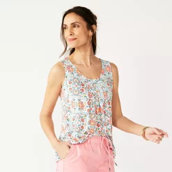 Petite Croft & Barrow® Pleated Tank -Outlet Croft & Barrow Store 5359245 Peach Folk Medallion