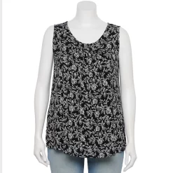 Plus Size Women's Croft & Barrow® Pleated Tank -Outlet Croft & Barrow Store 5359290 Black Foliage