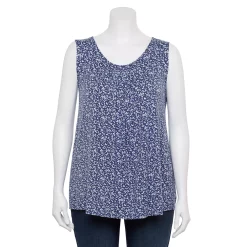 Plus Size Women's Croft & Barrow® Pleated Tank -Outlet Croft & Barrow Store 5359290 Navy Leaves