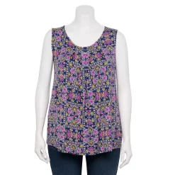 Plus Size Women's Croft & Barrow® Pleated Tank -Outlet Croft & Barrow Store 5359290 Navy Medallion