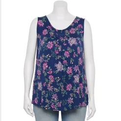 Plus Size Women's Croft & Barrow® Pleated Tank -Outlet Croft & Barrow Store 5359290 Navy Pink Floral