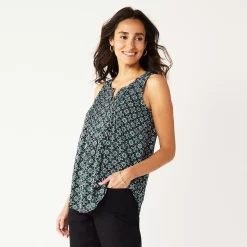 Petite Croft & Barrow® Pintuck Splitneck Sleeveless Top 19 Petite Croft & Barrow® Pintuck Splitneck Sleeveless Top -Outlet Croft & Barrow Store 5465020 Black Tile Print