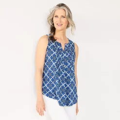 Petite Croft & Barrow® Pintuck Splitneck Sleeveless Top 26 Petite Croft & Barrow® Pintuck Splitneck Sleeveless Top -Outlet Croft & Barrow Store 5465020 Navy Tile Print