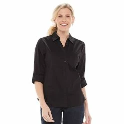Petite Croft & Barrow® Knit-To-Fit Roll Tab Sleeve Shirt -Outlet Croft & Barrow Store 5466827 Black