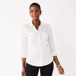 Petite Croft & Barrow® Knit-To-Fit Roll Tab Sleeve Shirt -Outlet Croft & Barrow Store 5466827 Black Dot
