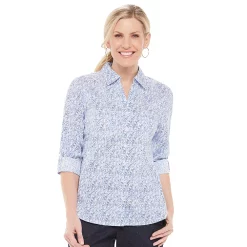 Petite Croft & Barrow® Knit-To-Fit Roll Tab Sleeve Shirt -Outlet Croft & Barrow Store 5466827 Blue Medallion