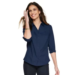 Petite Croft & Barrow® Knit-To-Fit Roll Tab Sleeve Shirt -Outlet Croft & Barrow Store 5466827 Navy