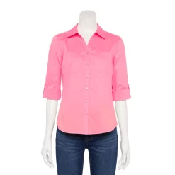 Petite Croft & Barrow® Knit-To-Fit Roll Tab Sleeve Shirt -Outlet Croft & Barrow Store 5466827 Pink