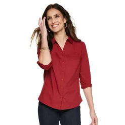 Petite Croft & Barrow® Knit-To-Fit Roll Tab Sleeve Shirt -Outlet Croft & Barrow Store 5466827 Red