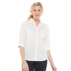 Petite Croft & Barrow® Knit-To-Fit Roll Tab Sleeve Shirt -Outlet Croft & Barrow Store 5466827 White