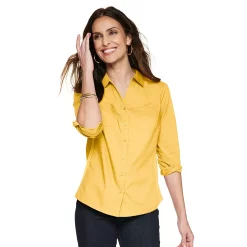 Petite Croft & Barrow® Knit-To-Fit Roll Tab Sleeve Shirt -Outlet Croft & Barrow Store 5466827 Yellow