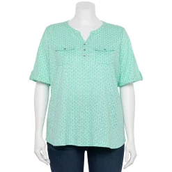 Plus Croft & Barrow Roll-Tab Utility Henley Top -Outlet Croft & Barrow Store 5485813 Aqua Tile