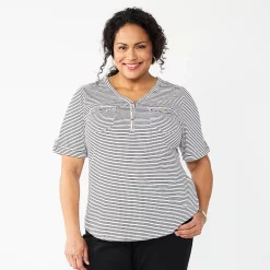 Plus Croft & Barrow Roll-Tab Utility Henley Top -Outlet Croft & Barrow Store 5485813 Black Tiny Stripe