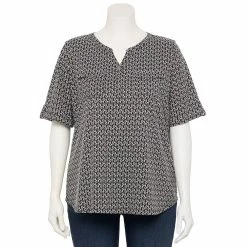 Plus Croft & Barrow Roll-Tab Utility Henley Top -Outlet Croft & Barrow Store 5485813 Black White Tiny Tile