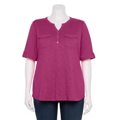Plus Croft & Barrow Roll-Tab Utility Henley Top -Outlet Croft & Barrow Store 5485813 Festival Fuchsia