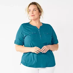 Plus Croft & Barrow Roll-Tab Utility Henley Top -Outlet Croft & Barrow Store 5485813 Moroccan Blue