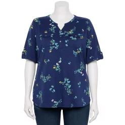 Plus Croft & Barrow Roll-Tab Utility Henley Top -Outlet Croft & Barrow Store 5485813 Navy Yellow Blooms