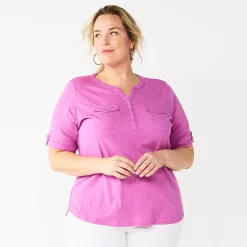 Plus Croft & Barrow Roll-Tab Utility Henley Top -Outlet Croft & Barrow Store 5485813 Orchid