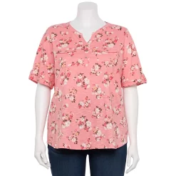 Plus Croft & Barrow Roll-Tab Utility Henley Top -Outlet Croft & Barrow Store 5485813 Pink Cluster Floral
