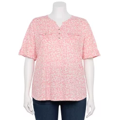 Plus Croft & Barrow Roll-Tab Utility Henley Top -Outlet Croft & Barrow Store 5485813 Pink White Coral