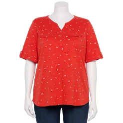 Plus Croft & Barrow Roll-Tab Utility Henley Top -Outlet Croft & Barrow Store 5485813 Red Tiny Floral
