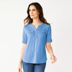 Petite Croft & Barrow® Utility Henley Top -Outlet Croft & Barrow Store 5485816 Periwinkle Blue