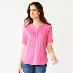 Petite Croft & Barrow® Utility Henley Top -Outlet Croft & Barrow Store 5485816 Pink