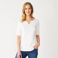 Petite Croft & Barrow® Elbow-Sleeve Splitneck Top -Outlet Croft & Barrow Store 5497414 Bright White