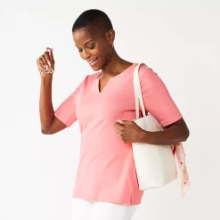 Petite Croft & Barrow® Elbow-Sleeve Splitneck Top -Outlet Croft & Barrow Store 5497414 Flamingo Pink