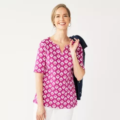 Petite Croft & Barrow® Elbow-Sleeve Splitneck Top -Outlet Croft & Barrow Store 5497414 Fuchsia Flower Tile