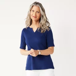 Petite Croft & Barrow® Elbow-Sleeve Splitneck Top -Outlet Croft & Barrow Store 5497414 Navy