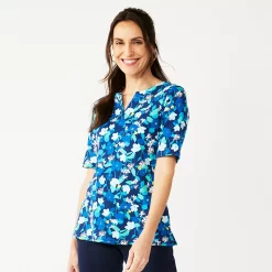 Petite Croft & Barrow® Elbow-Sleeve Splitneck Top -Outlet Croft & Barrow Store 5497414 Navy Garden Floral