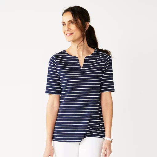 Petite Croft & Barrow® Elbow-Sleeve Splitneck Top 7 Petite Croft & Barrow® Elbow-Sleeve Splitneck Top -Outlet Croft & Barrow Store 5497414 Navy White Stripe