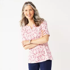 Petite Croft & Barrow® Elbow-Sleeve Splitneck Top -Outlet Croft & Barrow Store 5497414 Pink Scroll Tile