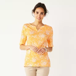 Petite Croft & Barrow® Elbow-Sleeve Splitneck Top -Outlet Croft & Barrow Store 5497414 Yellow Exploded Floral