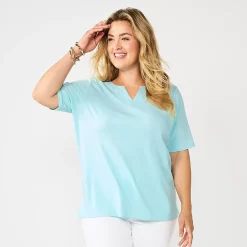 Plus Size Croft & Barrow® Three Quarter Sleeve Splitneck Top -Outlet Croft & Barrow Store 5501050 Barefoot Beach Blue