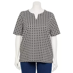 Plus Size Croft & Barrow® Three Quarter Sleeve Splitneck Top -Outlet Croft & Barrow Store 5501050 Black Flower Geo