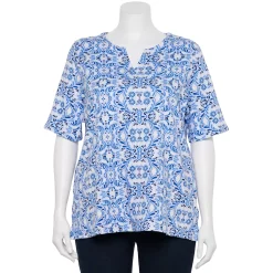 Plus Size Croft & Barrow® Three Quarter Sleeve Splitneck Top -Outlet Croft & Barrow Store 5501050 Blue Scroll Tile