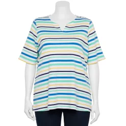 Plus Size Croft & Barrow® Three Quarter Sleeve Splitneck Top -Outlet Croft & Barrow Store 5501050 Blue Sunset Stripe